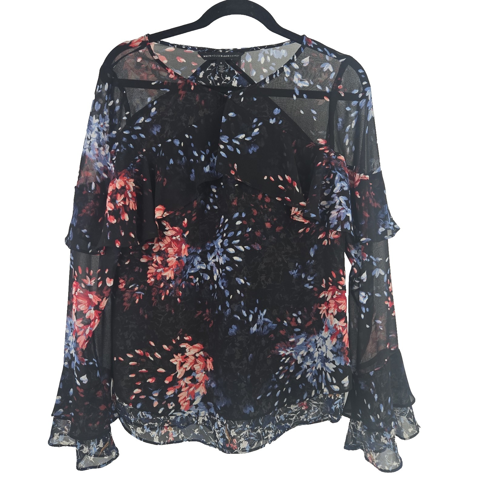 Whbm Size 8 Black Floral Chiffon Ruffle Sleeve Layered Blouse Top
